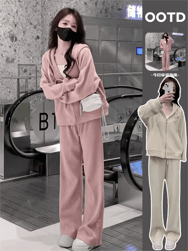 한국 동대문 가을 새로운 스포츠 슈트 여성 패션 외국 가스 루즈핏 후드 티 스웨터 와이드 레그 팬츠 투피스 세트 상세 이미지 3