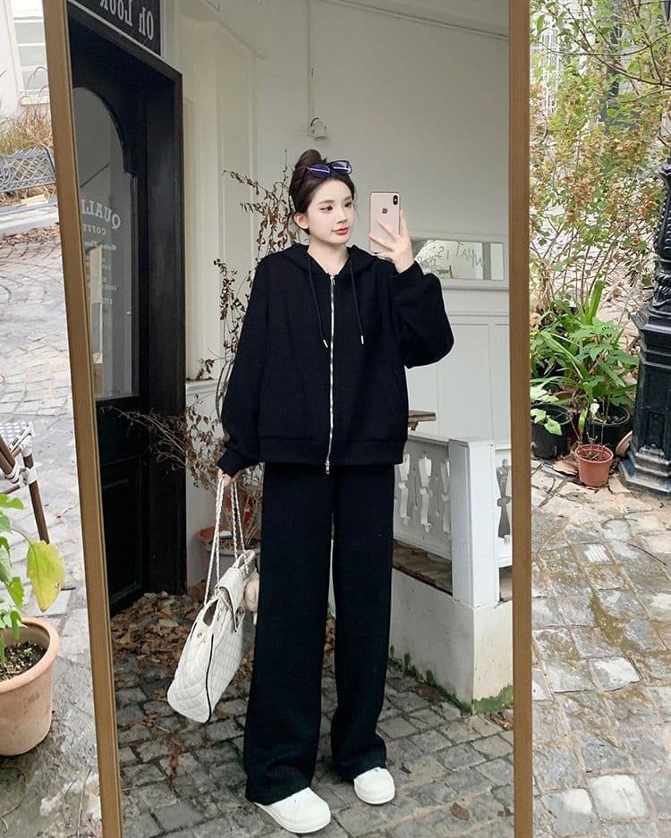 한국 동대문 가을 새로운 스포츠 슈트 여성 패션 외국 가스 루즈핏 후드 티 스웨터 와이드 레그 팬츠 투피스 세트 상세 이미지 10