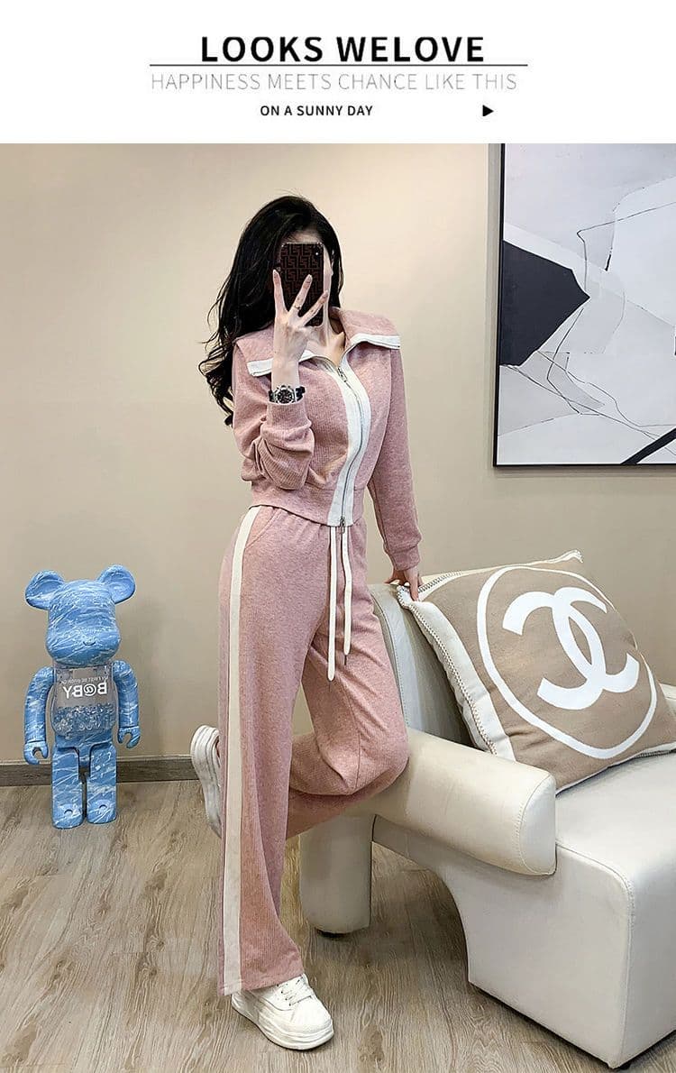 패션 슈퍼 화재 소금 부서 캐주얼 스포츠 슈트 여성 이른 가을 외국 가스 연령 감소 폴로 칼라 후드티 와이드 레그 팬츠 투피스 세트 트렌디 상세 이미지 14