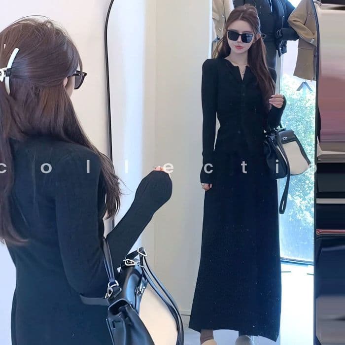 패션 세트 여성 가을 한 부서 동대문 주름 허리 수축 몸매 가꾸기 V넥 오픈 가디건 맨위 반신 스커트 투피스 세트 상세 이미지 14