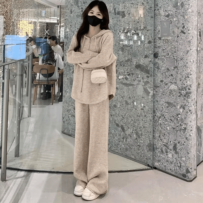 한 부서 패션 슈퍼 화재 캐주얼 세트 여성 이른 가을 새로운 슬림해 보이는 표지 배 후드 티 스웨터 와이드 레그 팬츠 투피스 세트 트렌디 이미지 5