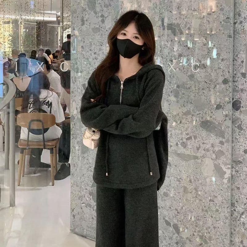 한 부서 패션 슈퍼 화재 캐주얼 세트 여성 이른 가을 새로운 슬림해 보이는 표지 배 후드 티 스웨터 와이드 레그 팬츠 투피스 세트 트렌디 상세 이미지 10