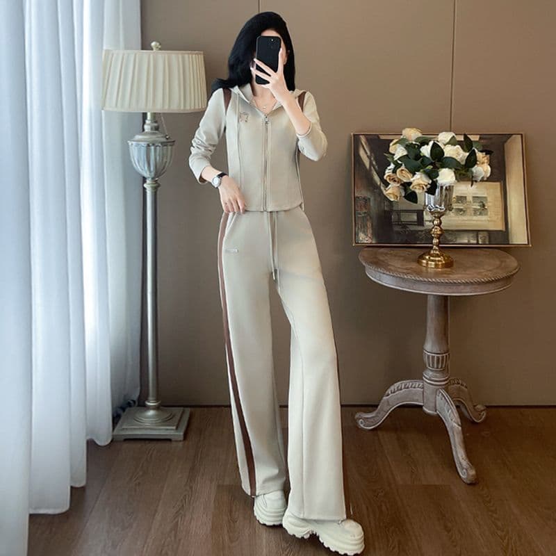 패션 슈퍼 화재 새로운 캐주얼 세트 여성 이른 가을 배색 패치워크 후드 오픈 가디건 후드티 와이드 레그 팬츠 투피스 세트 트렌디