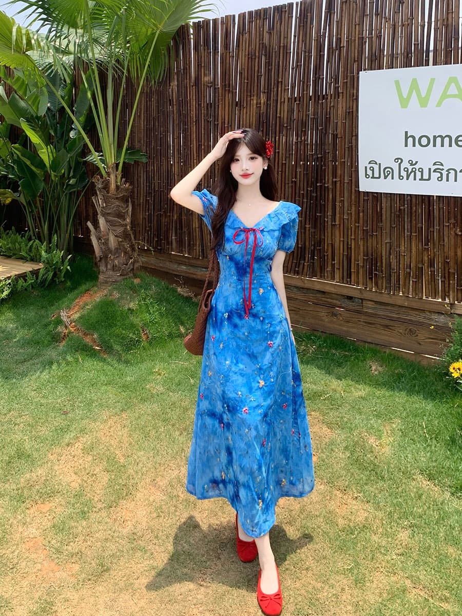 실사 빅 사이즈 여름 새로운 프랑스식 아름다운 슬림해 보이는 프릴 V넥 몸매 가꾸기 쉬폰 꽃무늬 드레스 상세 이미지 6