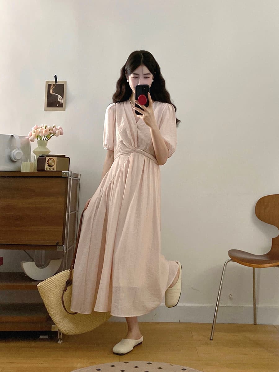 실사 바닐라 우유 표지 빅 사이즈 여름 새로운 부드러운 슬림해 보이는 V넥 품격 허리 수축 A라인 스커트 반팔 드레스 상세 이미지 7