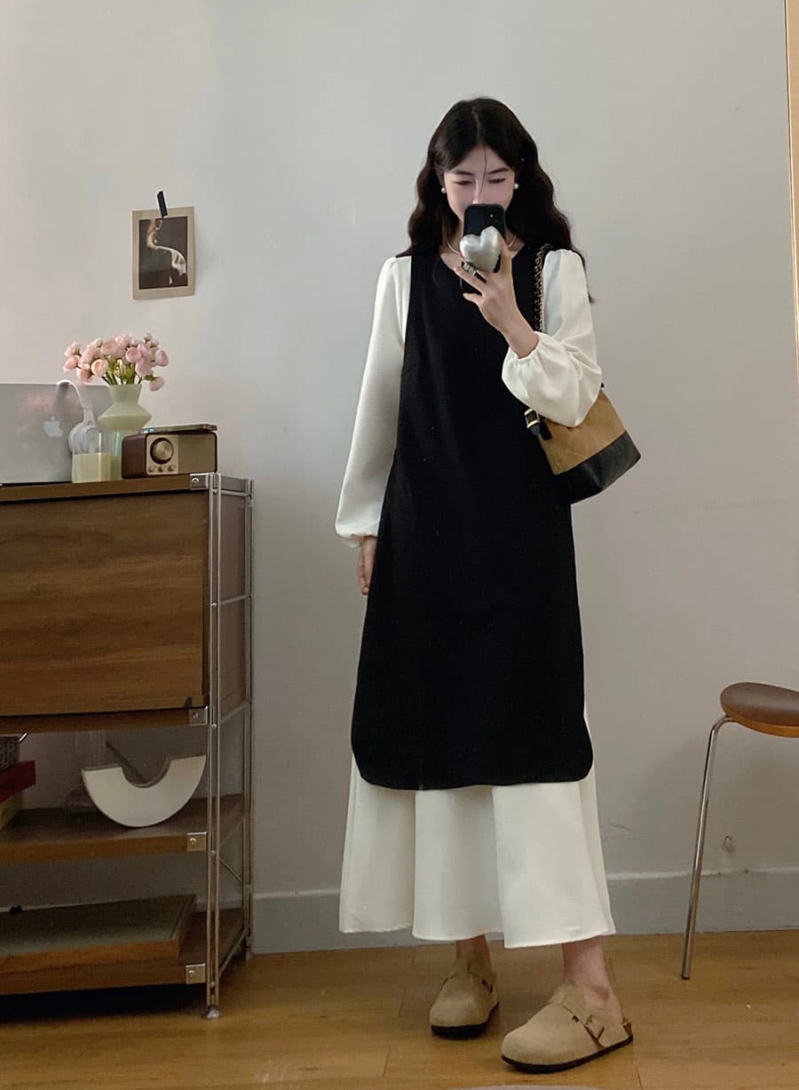 실사 빅 사이즈 2026 봄 루즈핏 슬림해 보이는 중간 길이 미니멀리즘 배색 패치워크 베스트 드레스 투피스 세트 상세 이미지 2