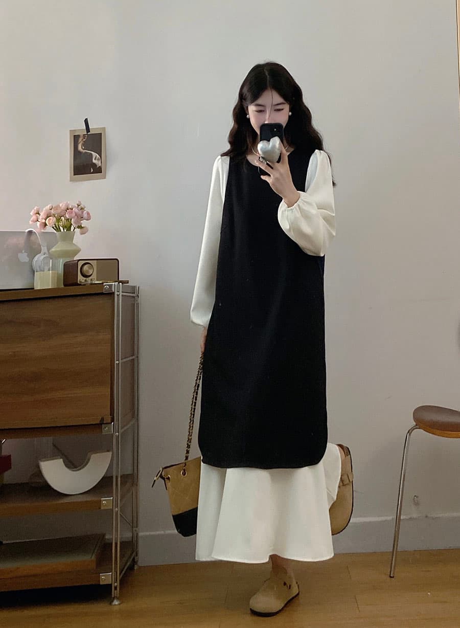 실사 빅 사이즈 2026 봄 루즈핏 슬림해 보이는 중간 길이 미니멀리즘 배색 패치워크 베스트 드레스 투피스 세트 상세 이미지 4