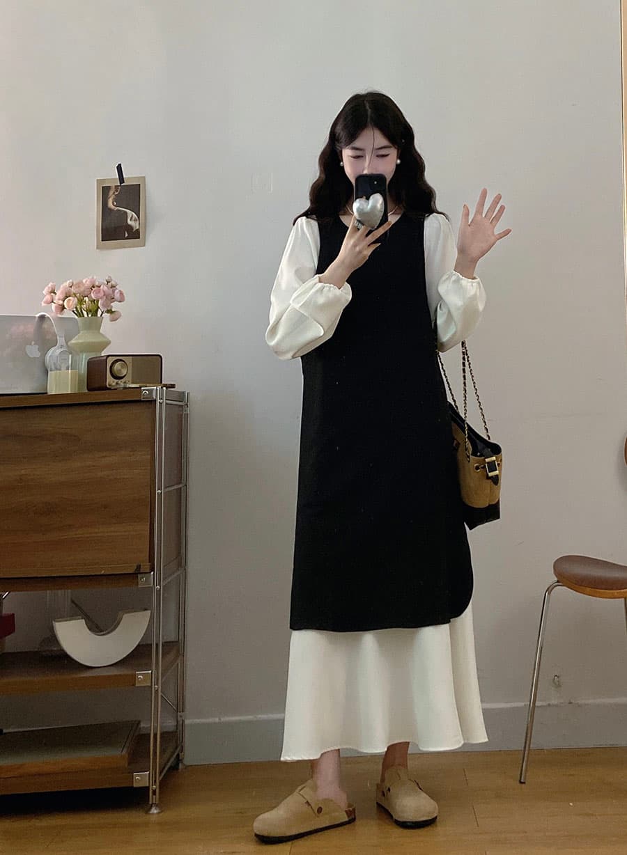 실사 빅 사이즈 2026 봄 루즈핏 슬림해 보이는 중간 길이 미니멀리즘 배색 패치워크 베스트 드레스 투피스 세트 상세 이미지 7