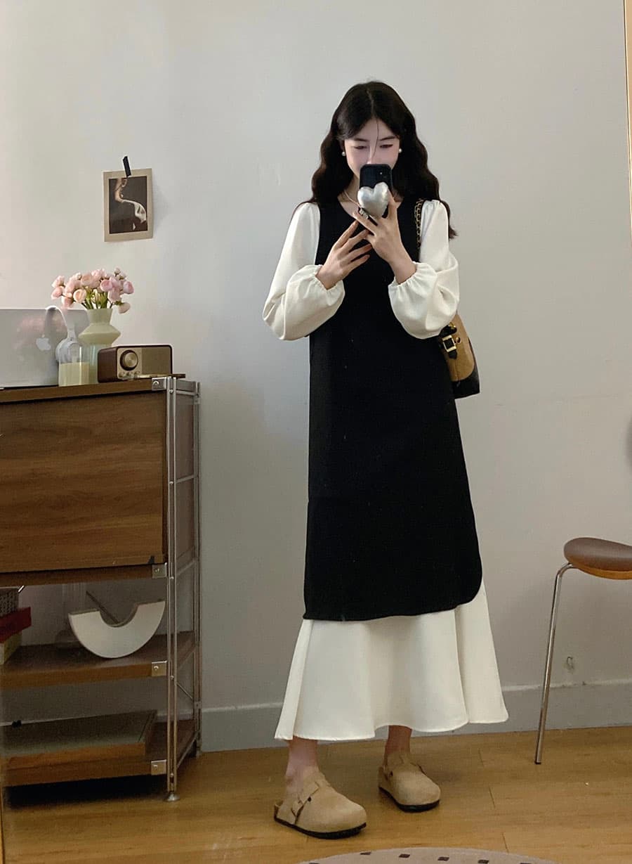 실사 빅 사이즈 2026 봄 루즈핏 슬림해 보이는 중간 길이 미니멀리즘 배색 패치워크 베스트 드레스 투피스 세트 상세 이미지 10