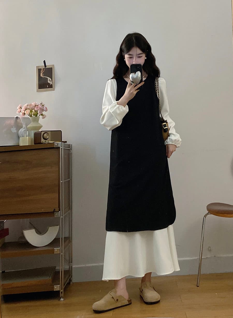 실사 빅 사이즈 2026 봄 루즈핏 슬림해 보이는 중간 길이 미니멀리즘 배색 패치워크 베스트 드레스 투피스 세트 이미지 2