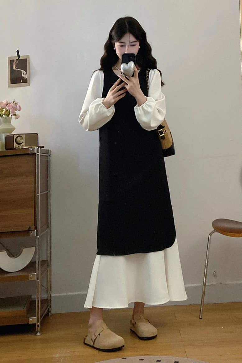 실사 빅 사이즈 2026 봄 루즈핏 슬림해 보이는 중간 길이 미니멀리즘 배색 패치워크 베스트 드레스 투피스 세트 이미지 5