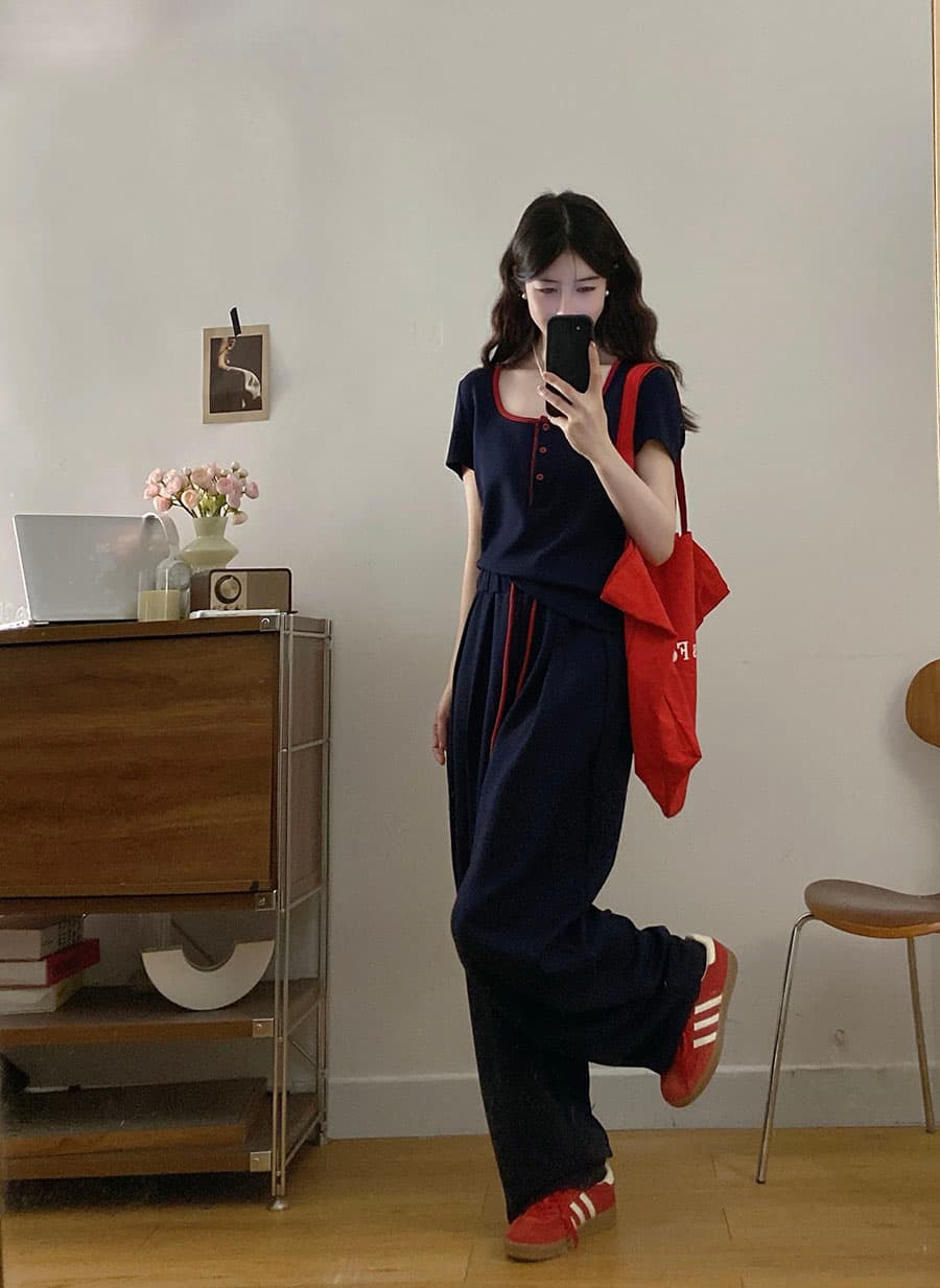 실사 빅 사이즈 여성 의류 여름 새로운 느슨함 느긋한 바람 슬림해 보이는 패치워크 색상 반팔 맨위 와이드 레그 팬츠 투피스 세트 상세 이미지 3