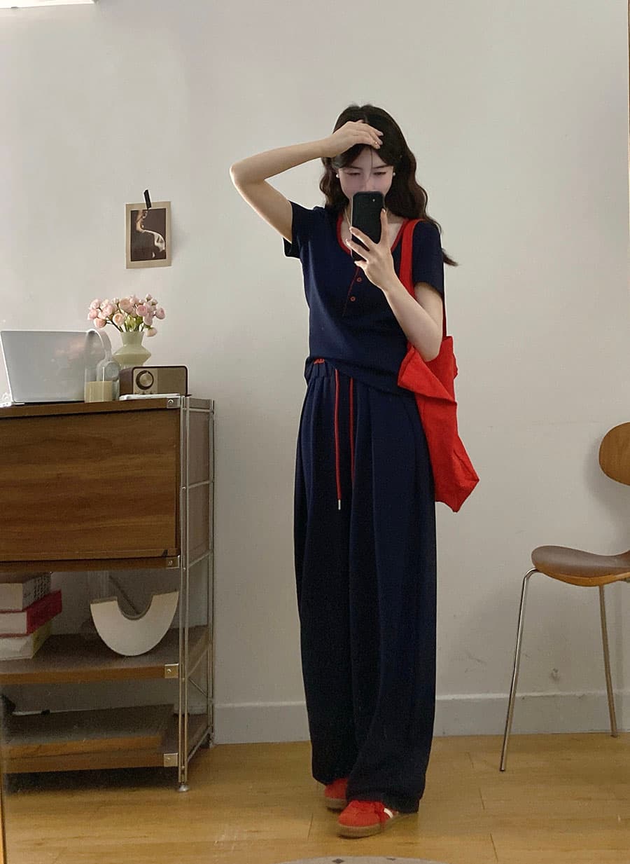 실사 빅 사이즈 여성 의류 여름 새로운 느슨함 느긋한 바람 슬림해 보이는 패치워크 색상 반팔 맨위 와이드 레그 팬츠 투피스 세트 상세 이미지 10