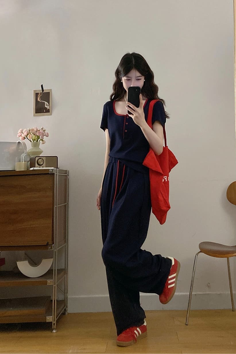 실사 빅 사이즈 여성 의류 여름 새로운 느슨함 느긋한 바람 슬림해 보이는 패치워크 색상 반팔 맨위 와이드 레그 팬츠 투피스 세트 이미지 5