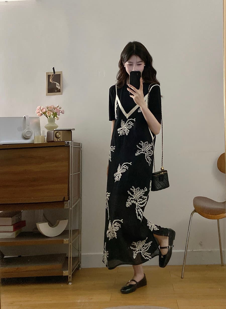 실사 빅 사이즈 여름 새로운 한 부서 패션 루즈핏 미니멀리즘 반팔 롱 스커트 자수 슬립 점프 슈트 치마 세트 상세 이미지 3