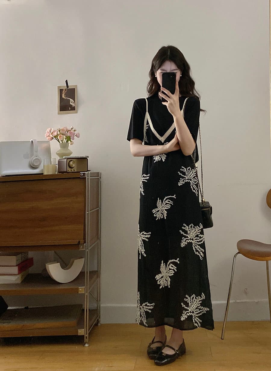 실사 빅 사이즈 여름 새로운 한 부서 패션 루즈핏 미니멀리즘 반팔 롱 스커트 자수 슬립 점프 슈트 치마 세트 상세 이미지 5