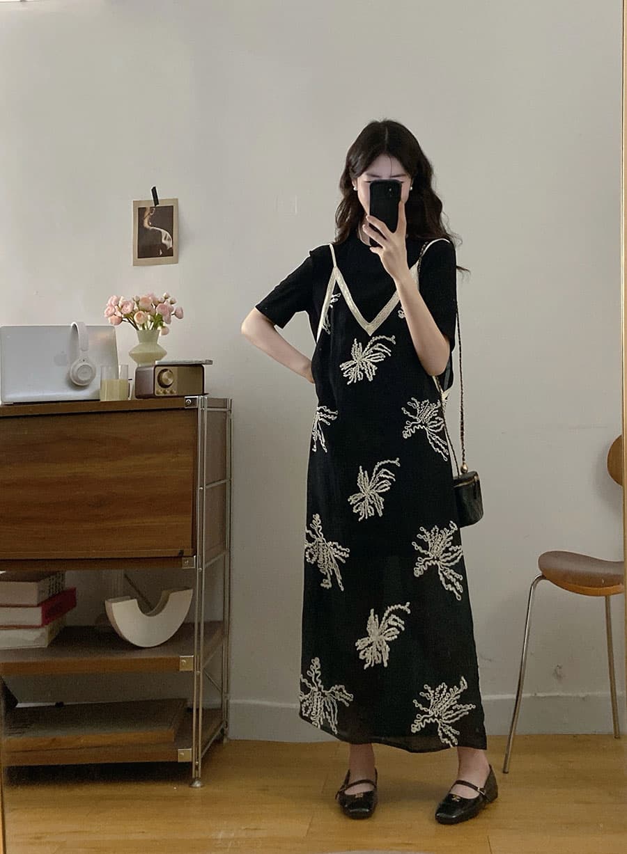 실사 빅 사이즈 여름 새로운 한 부서 패션 루즈핏 미니멀리즘 반팔 롱 스커트 자수 슬립 점프 슈트 치마 세트 상세 이미지 12