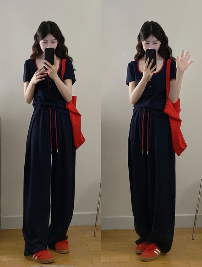 실사 빅 사이즈 여성 의류 여름 새로운 느슨함 느긋한 바람 슬림해 보이는 패치워크 색상 반팔 맨위 와이드 레그 팬츠 투피스 세트