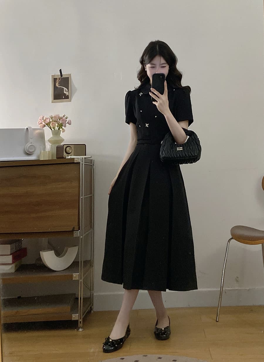 실사 빅 사이즈 새로운 여름 POLO 칼라 미니멀리즘 다용도 슬림해 보이는 허리 수축 디자인 연령 감소 그는 벤 바람 드레스 상세 이미지 2