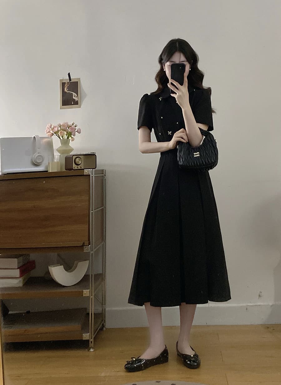 실사 빅 사이즈 새로운 여름 POLO 칼라 미니멀리즘 다용도 슬림해 보이는 허리 수축 디자인 연령 감소 그는 벤 바람 드레스 상세 이미지 7