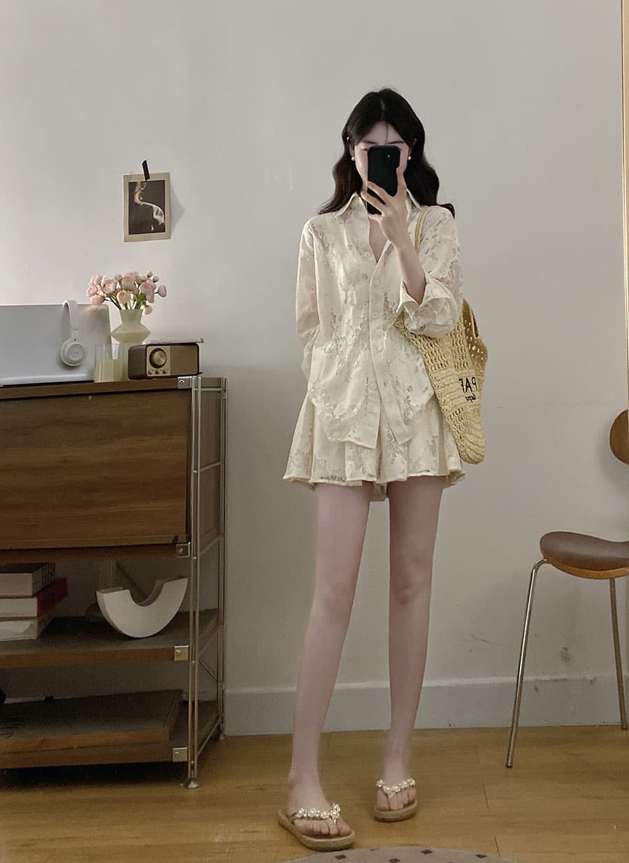 실사 빅 사이즈 새로운 여름 고급 센스 품격 홀로우 아웃 루즈핏 패션 슬림해 보이는 캐주얼 셔츠 미니 스커트 세트 상세 이미지 6