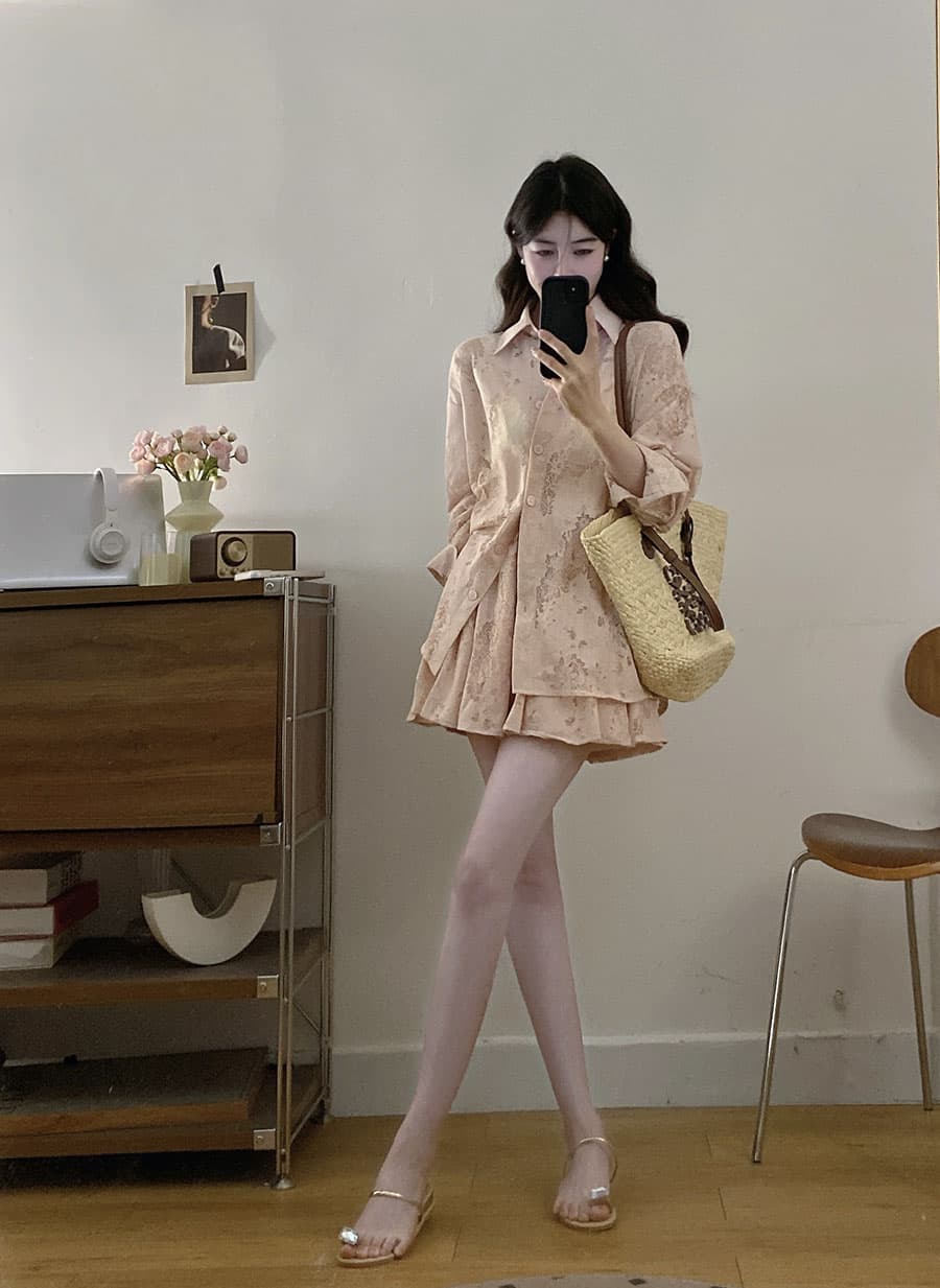 실사 빅 사이즈 새로운 여름 고급 센스 품격 홀로우 아웃 루즈핏 패션 슬림해 보이는 캐주얼 셔츠 미니 스커트 세트 상세 이미지 18