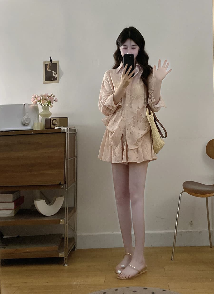 실사 빅 사이즈 새로운 여름 고급 센스 품격 홀로우 아웃 루즈핏 패션 슬림해 보이는 캐주얼 셔츠 미니 스커트 세트 상세 이미지 20