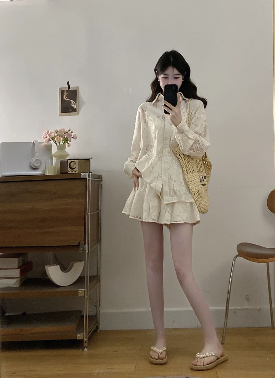 실사 빅 사이즈 새로운 여름 고급 센스 품격 홀로우 아웃 루즈핏 패션 슬림해 보이는 캐주얼 셔츠 미니 스커트 세트 이미지 2