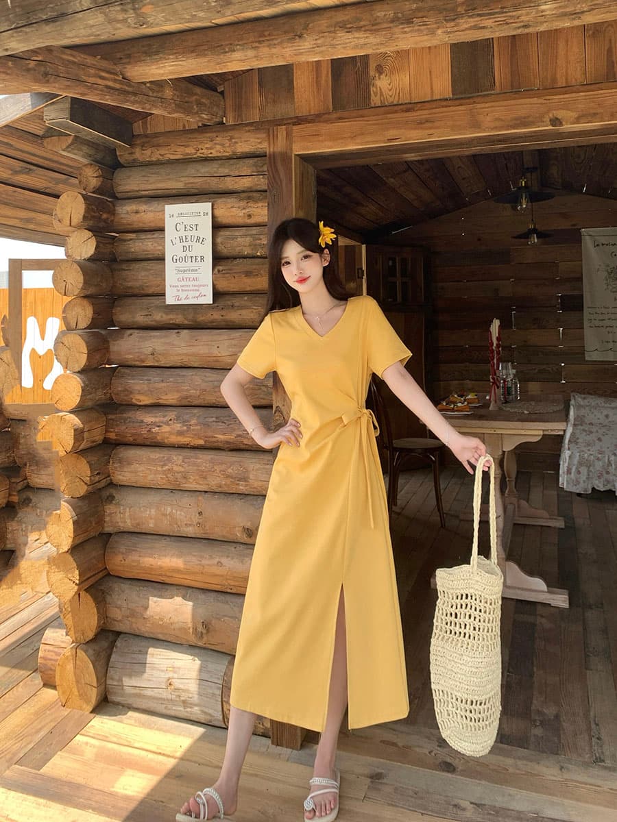 실사 빅 사이즈 여름 드레스 새로운 반팔 지방 mm 품격 V넥 허리 수축 슬림해 보이는 트임 드레스 롱 스커트 이미지 3