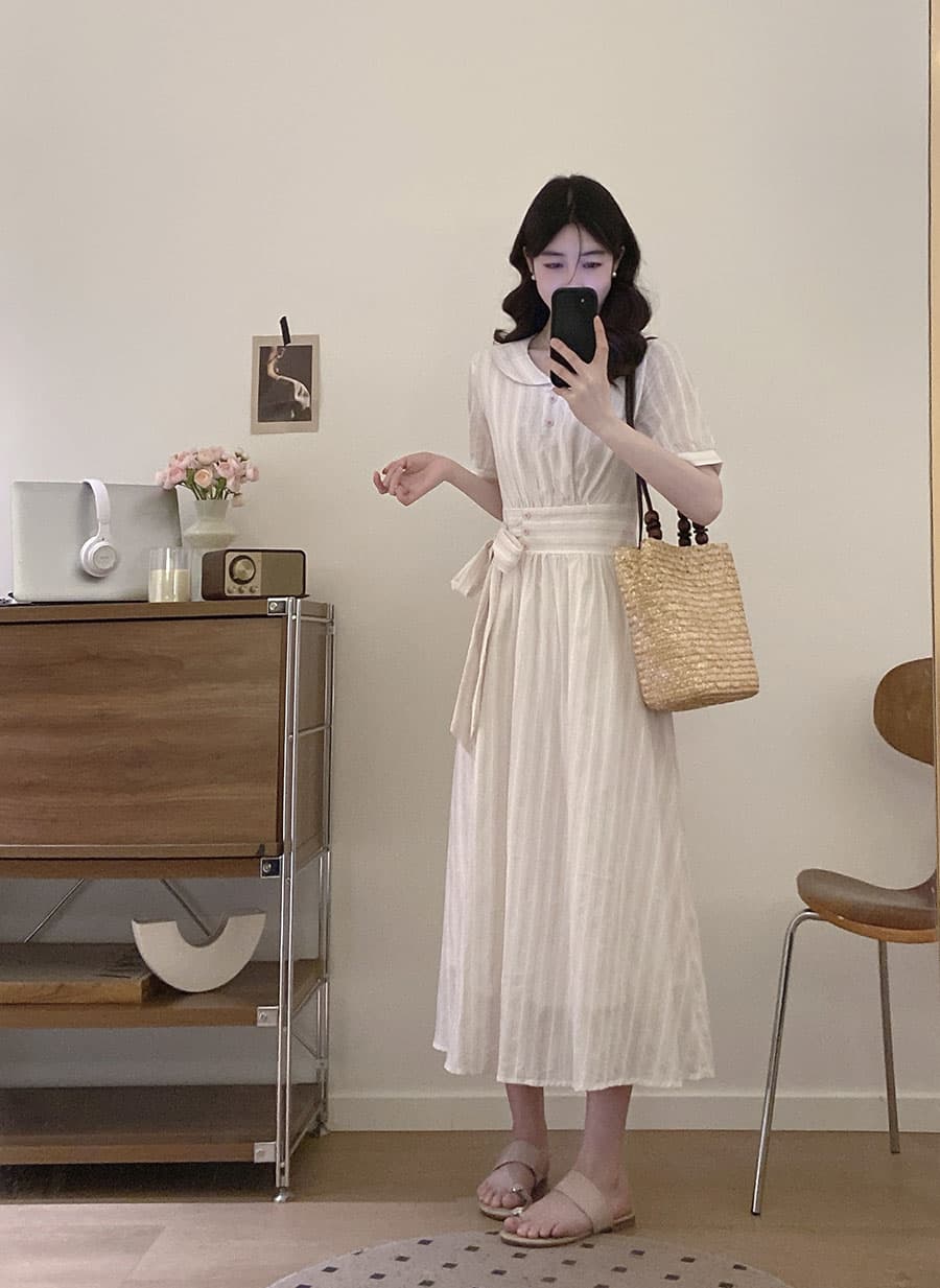 실사 빅 사이즈 여름 새로운 프랑스식 스트랩 허리 수축 연령 감소 예술 건강 작은 청신 베이비 칼라 드레스 상세 이미지 5