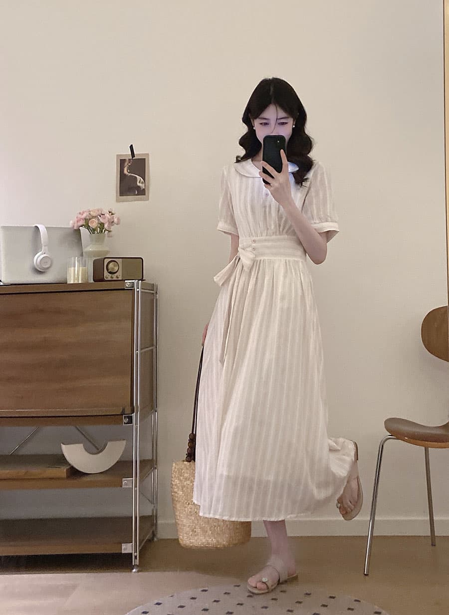 실사 빅 사이즈 여름 새로운 프랑스식 스트랩 허리 수축 연령 감소 예술 건강 작은 청신 베이비 칼라 드레스 상세 이미지 9