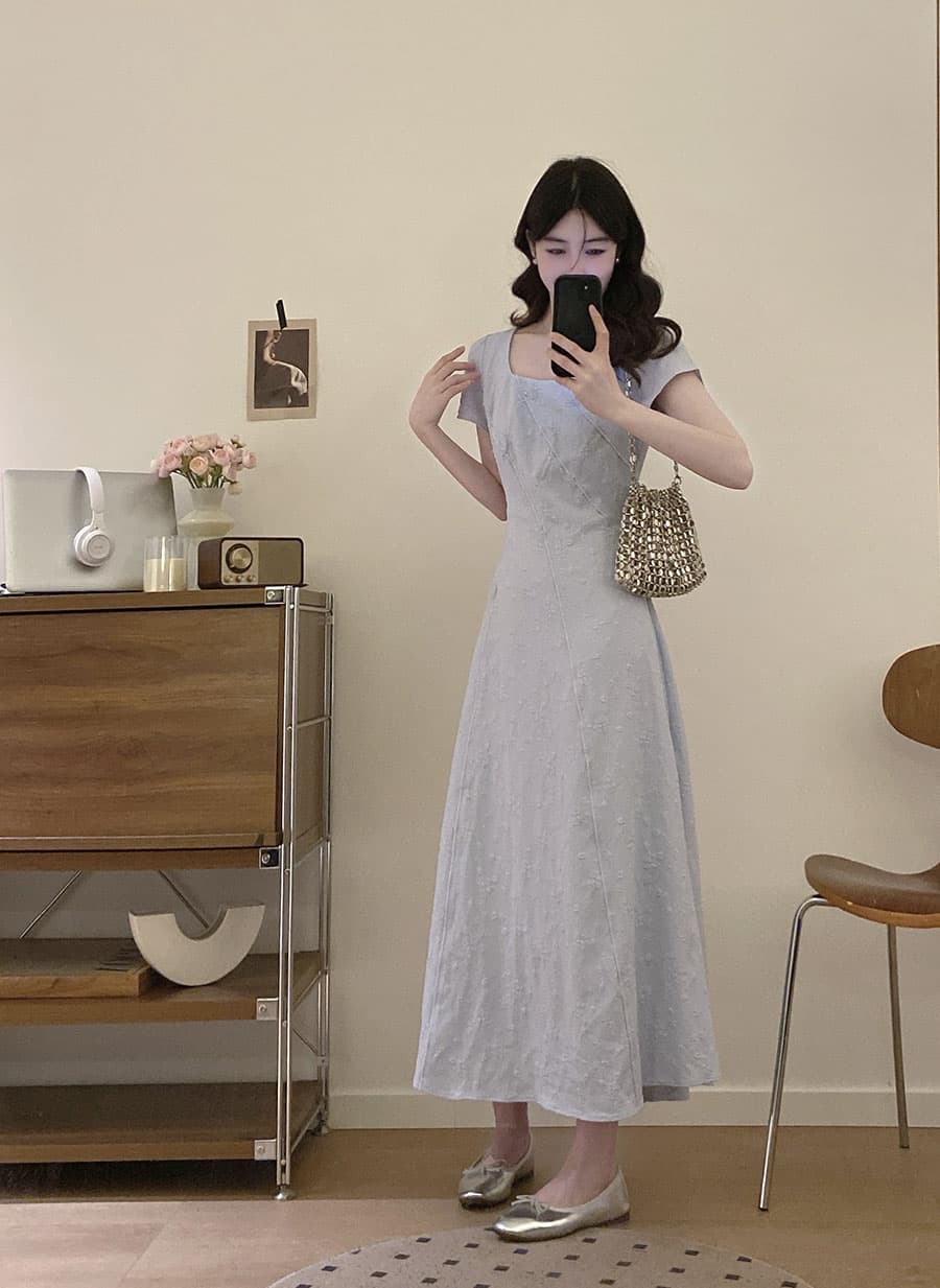 실사 빅 사이즈 작성자 꿈 그것 상황 여름 새로운 한 부서 미니멀리즘 디자인 센스 회색 파란색 슬림해 보이는 드레스 이미지 3