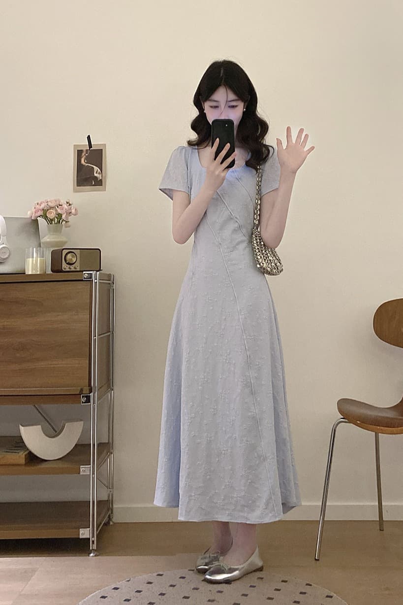 실사 빅 사이즈 작성자 꿈 그것 상황 여름 새로운 한 부서 미니멀리즘 디자인 센스 회색 파란색 슬림해 보이는 드레스 이미지 6