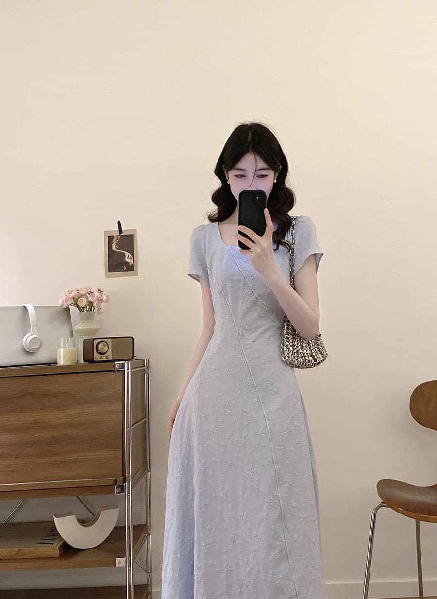 실사 빅 사이즈 작성자 꿈 그것 상황 여름 새로운 한 부서 미니멀리즘 디자인 센스 회색 파란색 슬림해 보이는 드레스 상세 이미지 5