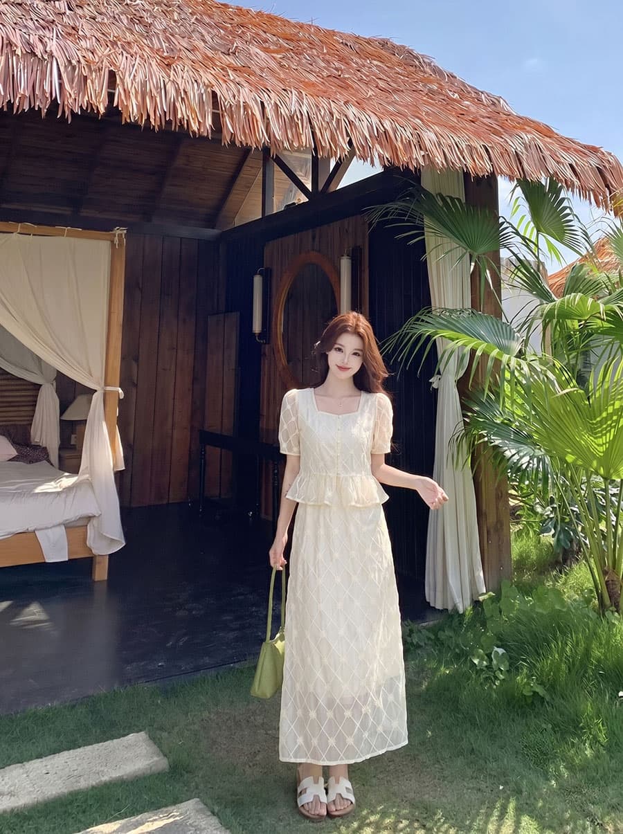 실사 빅 사이즈 여름 새로운 출퇴근 패션 슬림해 보이는 슈 여자 칼라 자수 맨위 반신 스커트 투피스 세트