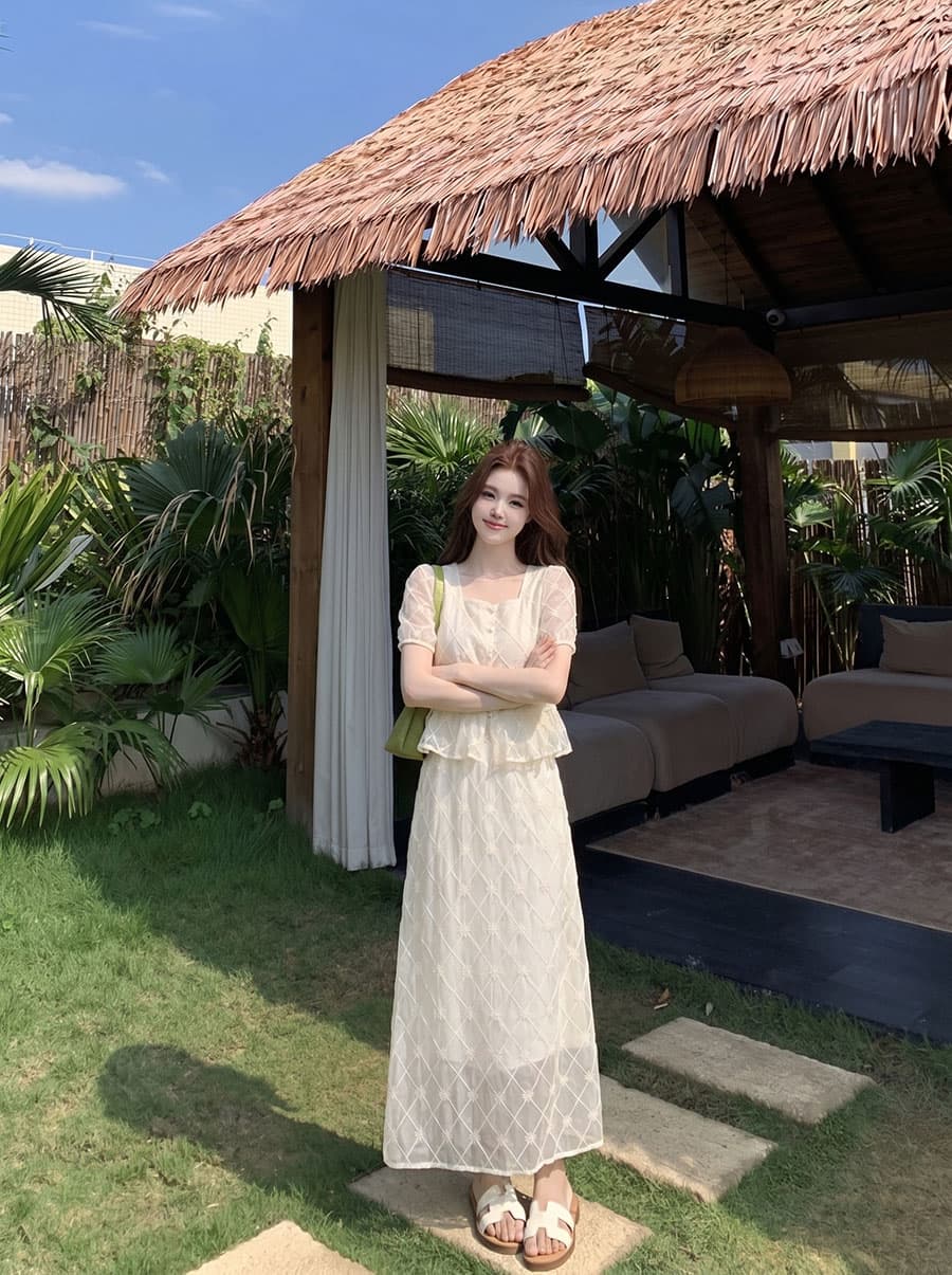 실사 빅 사이즈 여름 새로운 출퇴근 패션 슬림해 보이는 슈 여자 칼라 자수 맨위 반신 스커트 투피스 세트 이미지 4