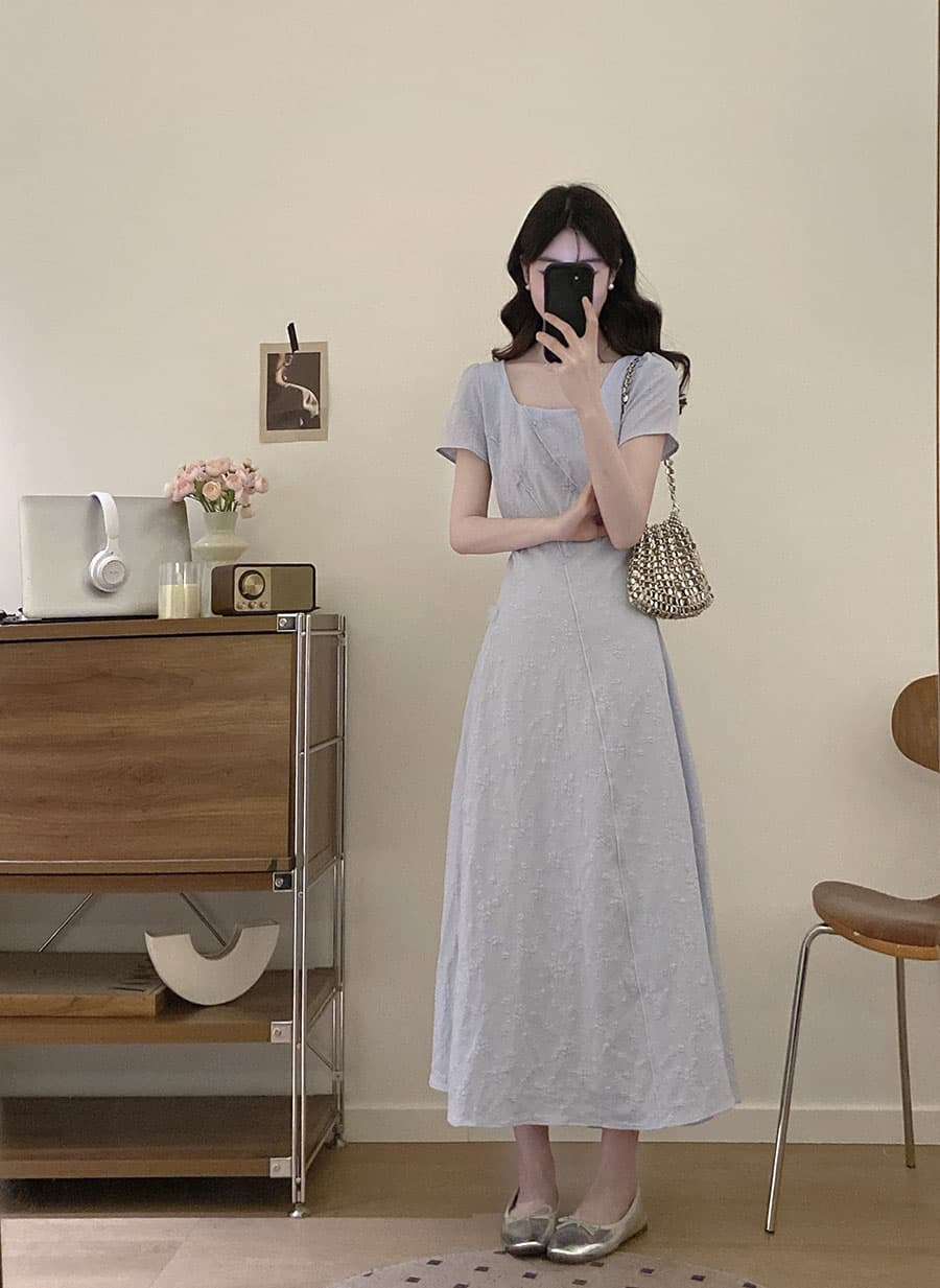 실사 빅 사이즈 작성자 꿈 그것 상황 여름 새로운 한 부서 미니멀리즘 디자인 센스 회색 파란색 슬림해 보이는 드레스 이미지 4