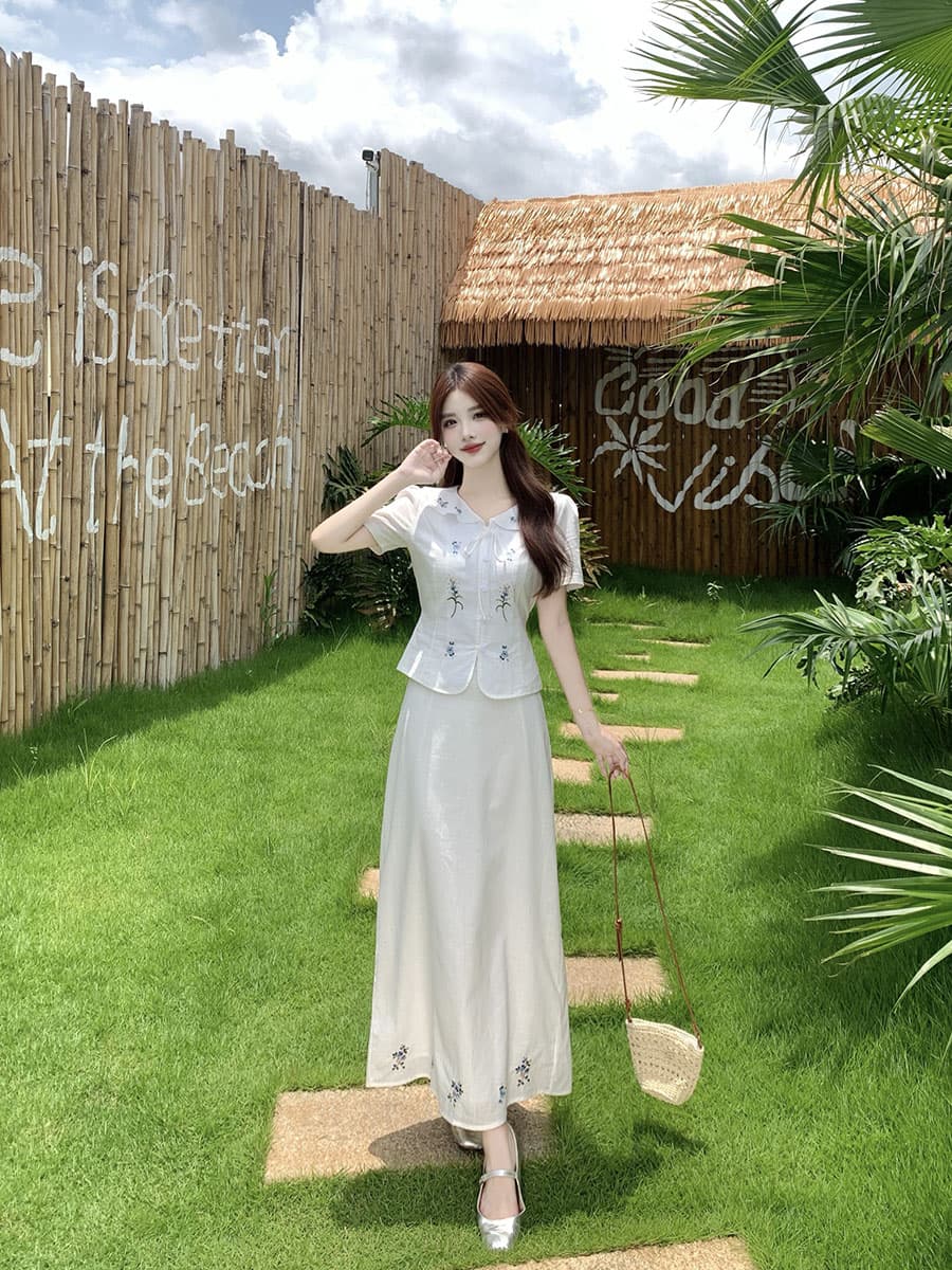 실사 빅 사이즈 화이트 치자 나무 언약 한 부서 허리 수축 후아 벤 자수 셔츠 맨위 반 스커트 투피스 세트 상세 이미지 5