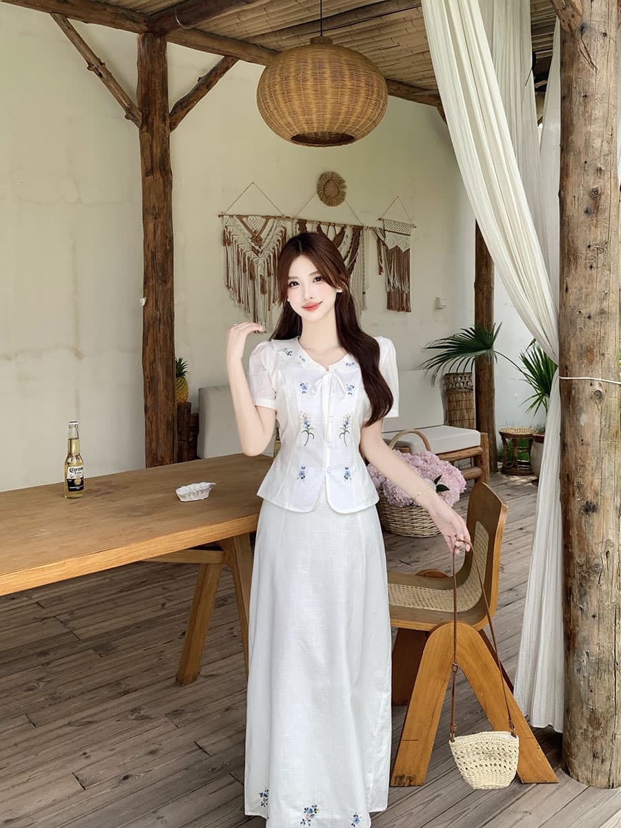 실사 빅 사이즈 화이트 치자 나무 언약 한 부서 허리 수축 후아 벤 자수 셔츠 맨위 반 스커트 투피스 세트 상세 이미지 6