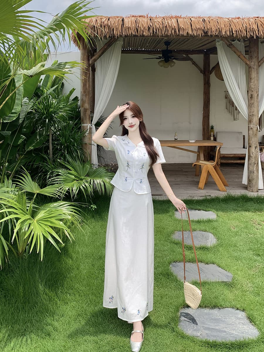 실사 빅 사이즈 화이트 치자 나무 언약 한 부서 허리 수축 후아 벤 자수 셔츠 맨위 반 스커트 투피스 세트 상세 이미지 11