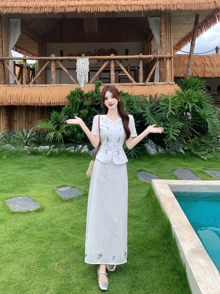 실사 빅 사이즈 화이트 치자 나무 언약 한 부서 허리 수축 후아 벤 자수 셔츠 맨위 반 스커트 투피스 세트 상세 이미지 13