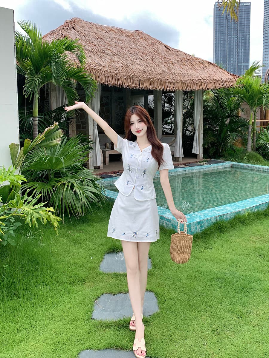 실사 빅 사이즈 화이트 치자 나무 언약 한 부서 허리 수축 후아 벤 자수 셔츠 맨위 반 스커트 투피스 세트 상세 이미지 14