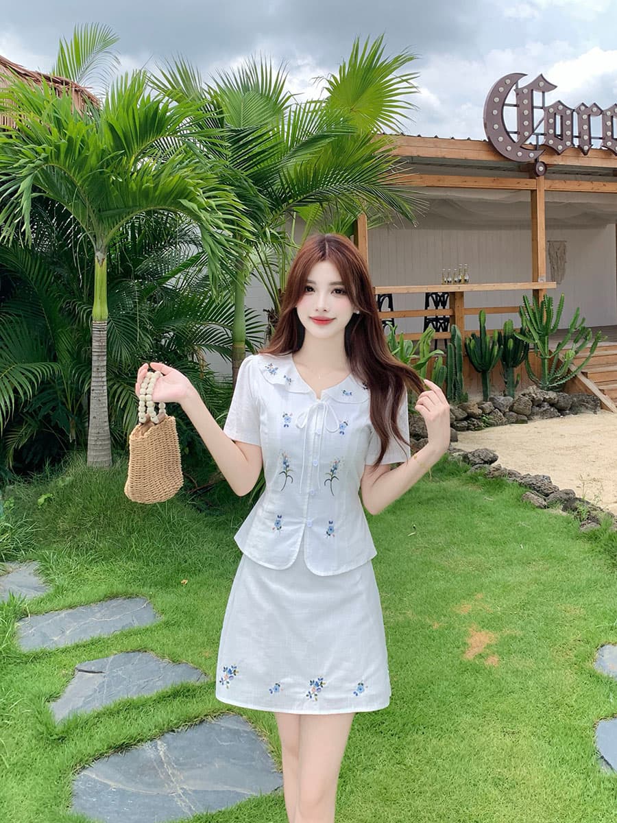 실사 빅 사이즈 화이트 치자 나무 언약 한 부서 허리 수축 후아 벤 자수 셔츠 맨위 반 스커트 투피스 세트 상세 이미지 21
