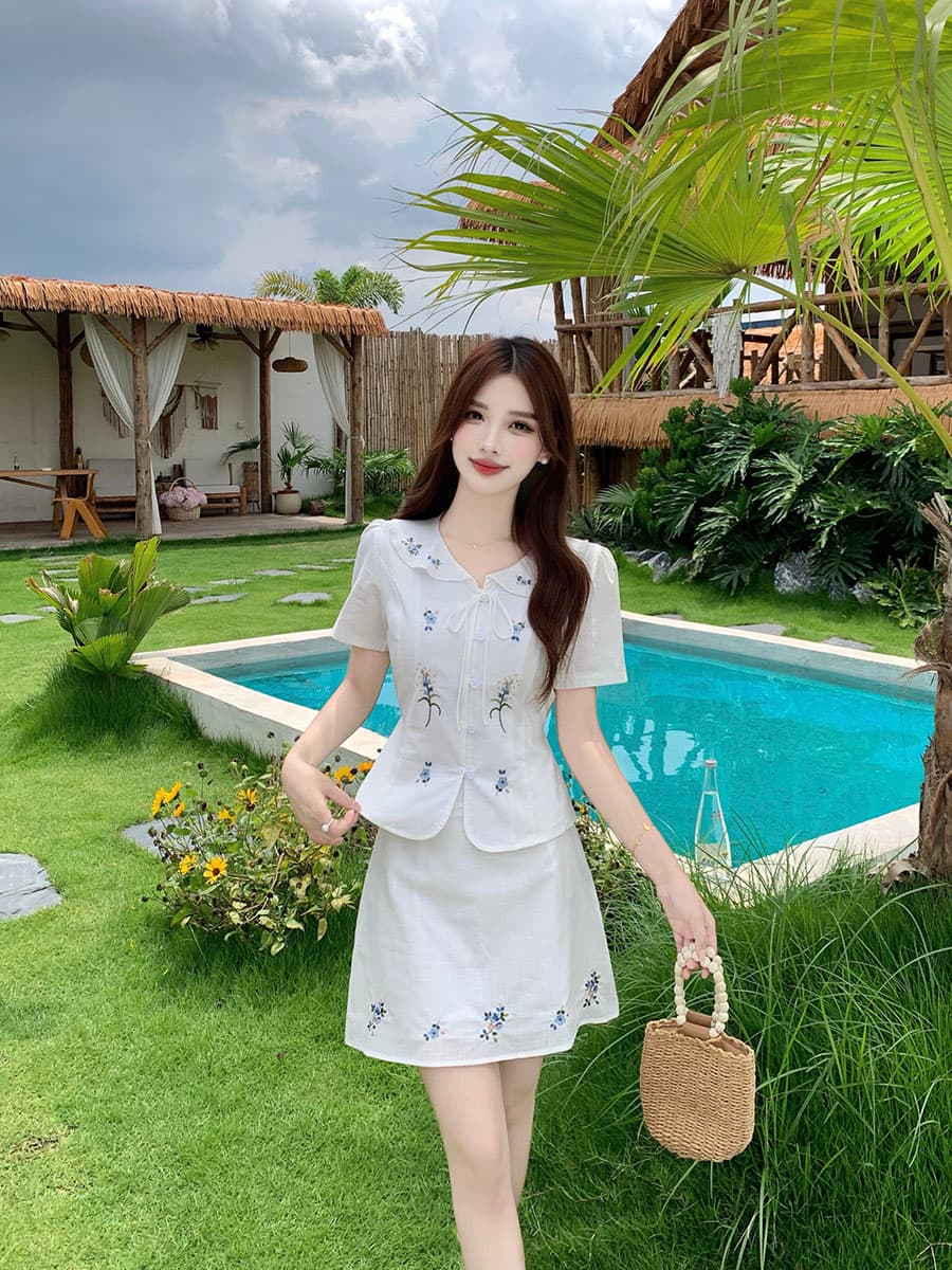 실사 빅 사이즈 화이트 치자 나무 언약 한 부서 허리 수축 후아 벤 자수 셔츠 맨위 반 스커트 투피스 세트 상세 이미지 23