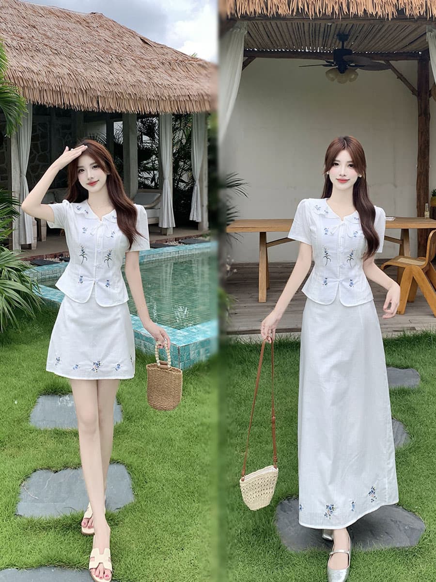 실사 빅 사이즈 화이트 치자 나무 언약 한 부서 허리 수축 후아 벤 자수 셔츠 맨위 반 스커트 투피스 세트 이미지 2
