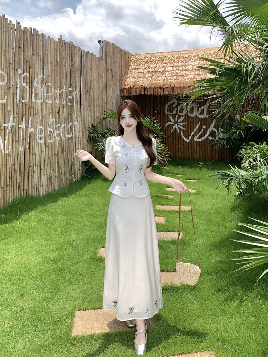 실사 빅 사이즈 화이트 치자 나무 언약 한 부서 허리 수축 후아 벤 자수 셔츠 맨위 반 스커트 투피스 세트 이미지 3