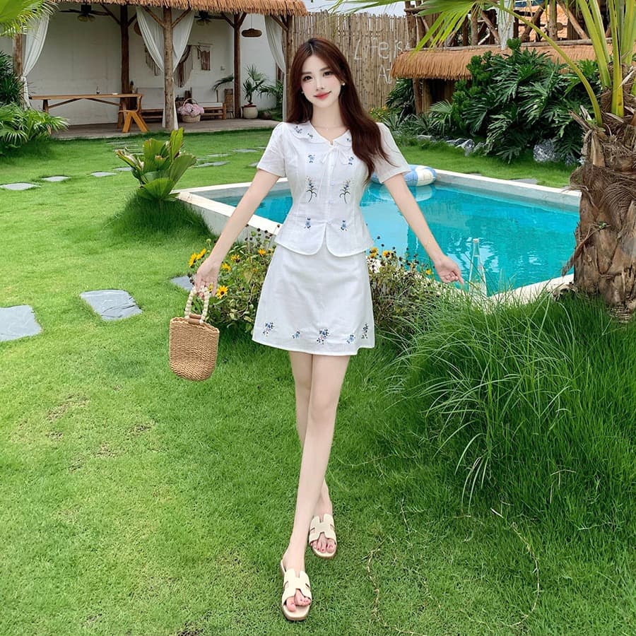 실사 빅 사이즈 화이트 치자 나무 언약 한 부서 허리 수축 후아 벤 자수 셔츠 맨위 반 스커트 투피스 세트 이미지 6