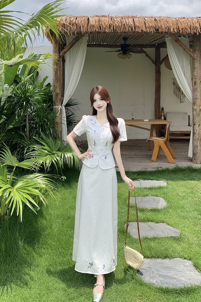 실사 빅 사이즈 화이트 치자 나무 언약 한 부서 허리 수축 후아 벤 자수 셔츠 맨위 반 스커트 투피스 세트 이미지 7