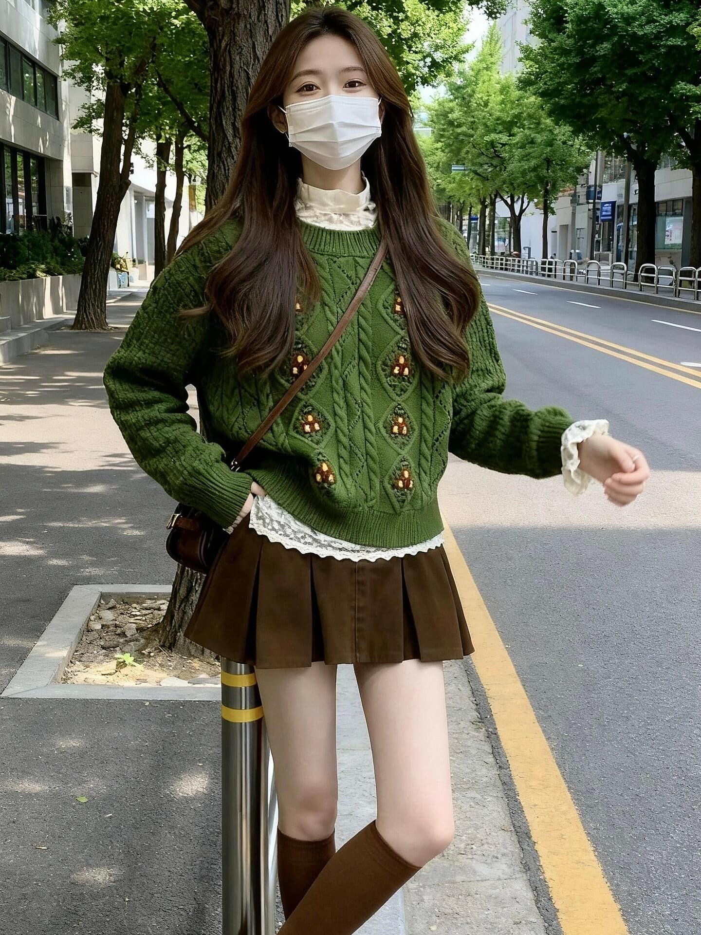 학원 스타일 녹색 꽃 자수 스웨터 여성 코트 2026 봄 새로운 느긋한 바람 니트 오픈 가디건