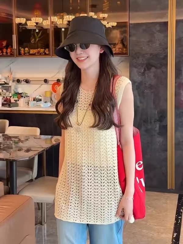 한 부서 chic 자수 홀로우 아웃 니트 캐미솔 여름 루즈핏 중간 길이 스택 착용 만나는 민소매 맨위 이미지 2